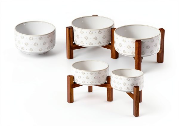 Havniva Ceramic Dog Bowls with Acacia Wood Stand Elevated-1
