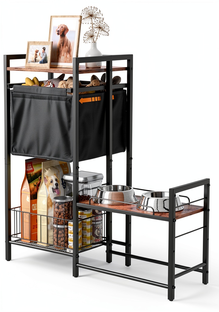 Installing Lomivra Adjustable Dog Bowl Stand with Storage Elevated on a hardwood kitchen floor