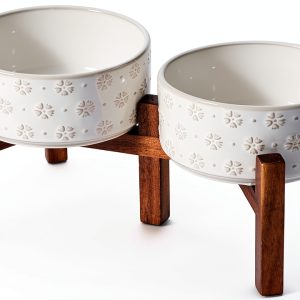 Havniva Ceramic Dog Bowls with Acacia Wood Stand Elevated-0