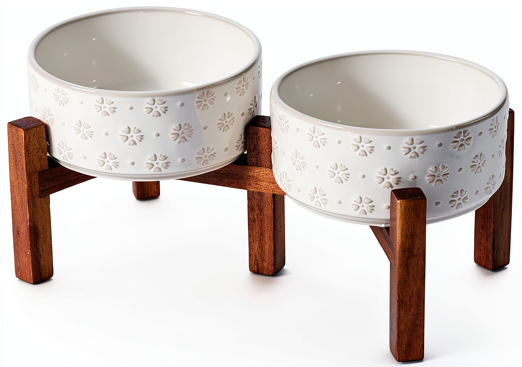 Installing Havniva Ceramic Dog Bowls with Acacia Wood Stand Elevated on a wooden desk