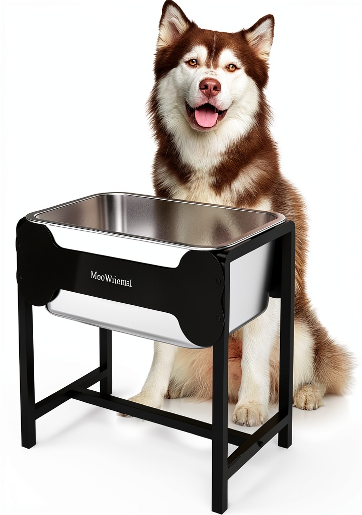 MeoWriental raised dog water bowl in a home setting