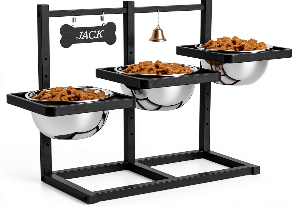 ADENGL elevated dog bowl stand in a home setting with multiple dogs