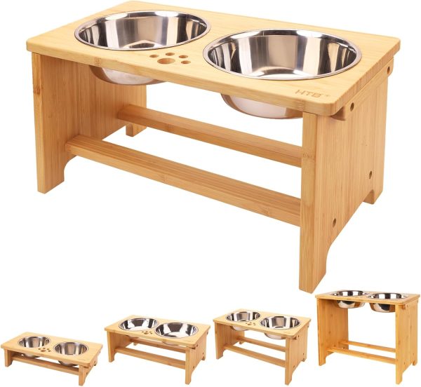 WYHTB Elevated Dog Bowl Bamboo Stand Stainless Steel Bowls-0